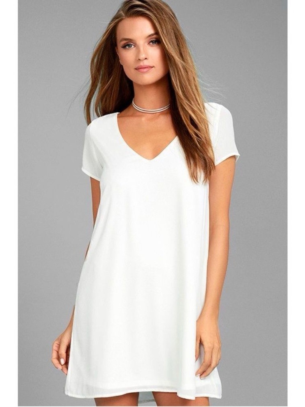 Lulu's White V-Neck Short Sleeve Shift Dress Freestyle Small